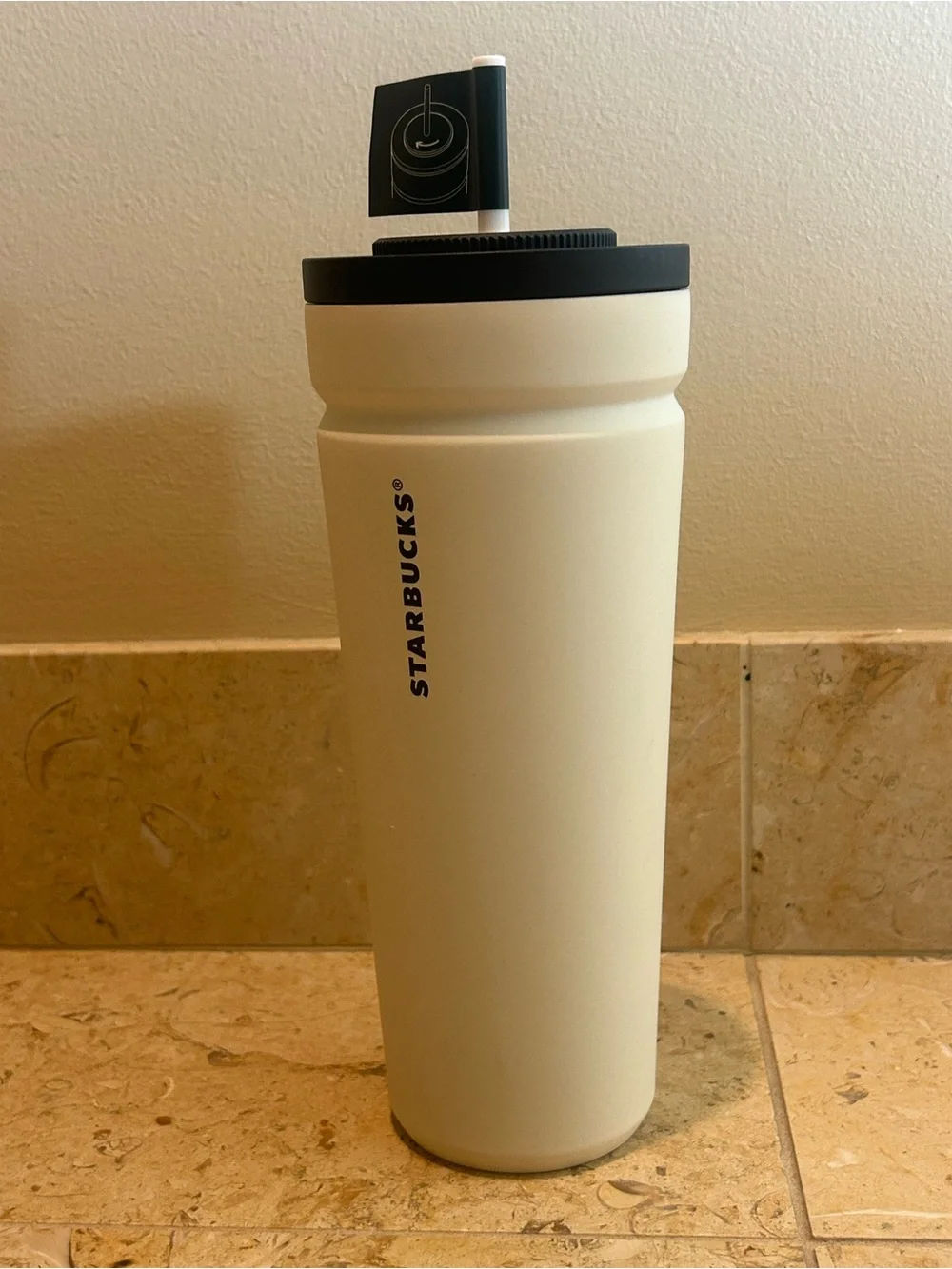 Starbucks NWT Vacuum Insulated White Travel Tumbler with Black Straw Lid 24 Oz